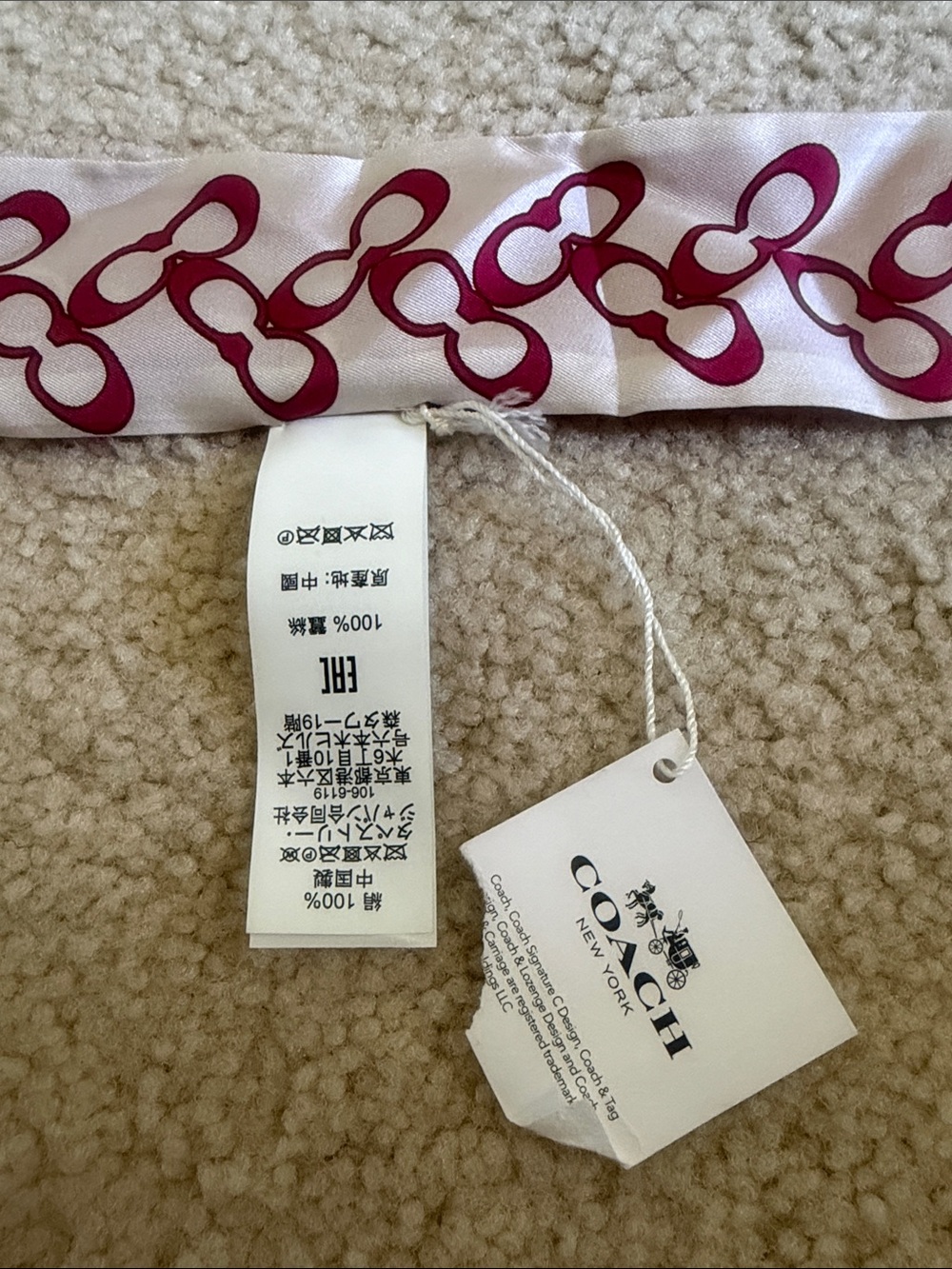 Coach Pink and Cream Signature Print Silk Skinny Scarf - Picture 6 of 6